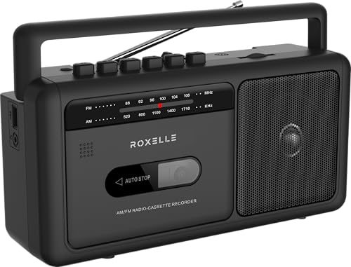 Roxelle Portable AM/FM Radio Cassette Recorder | Retro Boombox with BT Streaming, USB Playback & Recording, Earphone Jack, Dual Power (AC or Battery), Auto-Stop Cassette Deck, TAP-10