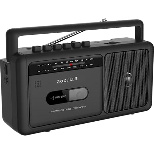 Roxelle Portable AM/FM Radio Cassette Recorder | Retro Boombox with BT Streaming, USB Playback & Recording, Earphone Jack, Dual Power (AC or Battery), Auto-Stop Cassette Deck, TAP-10