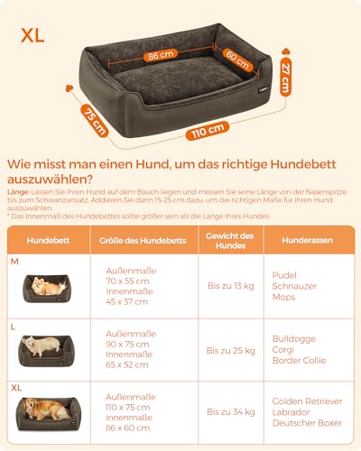 Feandrea Hundebett, Hundekissen in Leinenoptik, Hundekorb, erhöhte Ränder, rutschfeste Unterseite, Bezug abnehmbar waschbar, XL, für große Hunde, 110 x 75 x 27 cm, braun PGW12CC