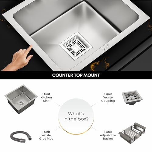 Image of LAPO Stainless Steel Utility Basin | 18x16x9 Inch Single Bowl with Ready Tap Provision | UV Protected Build | Comes with Complete Drain Kit & Strainer | 20 Years Warranty (Silver Matt)