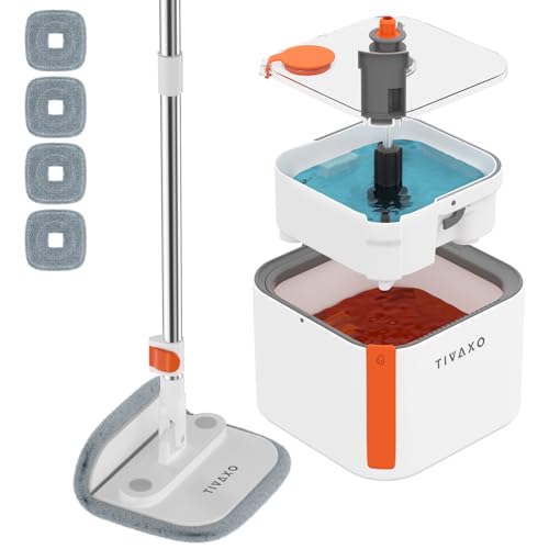 Juego de fregona giratoria y cubo con cubo separado para agua sucia, fregonas y cubos con cabezal plegable giratorio de 360 grados para limpiar suelos de madera dura (cubo de fregona con 4
