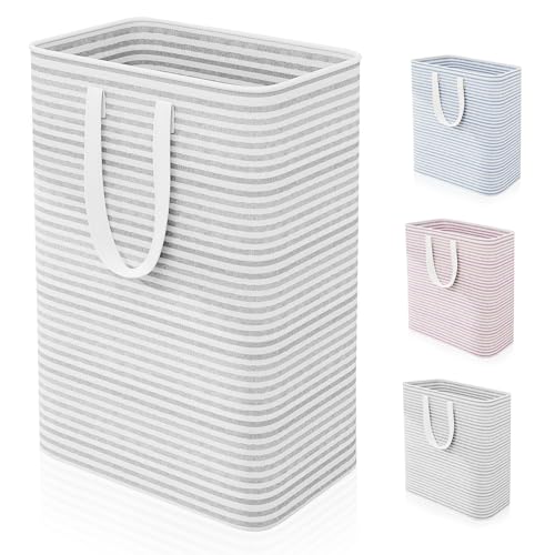 Caroeas 80L Laundry Bin Collapsible Laundry Basket for Easy Storage Freestanding Washing Baskets for Dirty Clothes with Reinforced Long Handles Waterproof Slim Laundry Hamper for Baby Grey