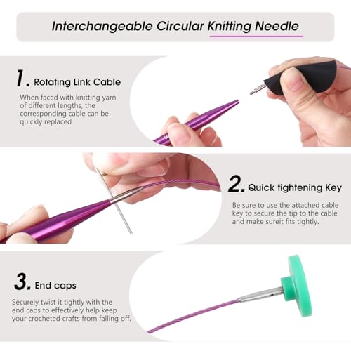 Guclud 4-Inch Interchangeable Circular Knitting Needles Set | US 2.5-15 (3.0-10.0mm) | 13-Pair of Metal Circular Needles | 4 Cables (16\", 24\", 32\", and 40\"), Accessories & Case - Thumbnail 5