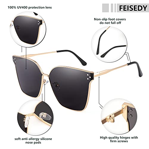 FEISEDY Women Trendy Sunglasses Oversized Square Fashion Designer Style Large Metal Sun Glasses Men B23624