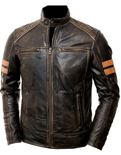 Cafe Racer Vintage Motorcycle Genuine Leather Jacket Red Strips on Sleeves Motorbike Style Retro Rub Off Black