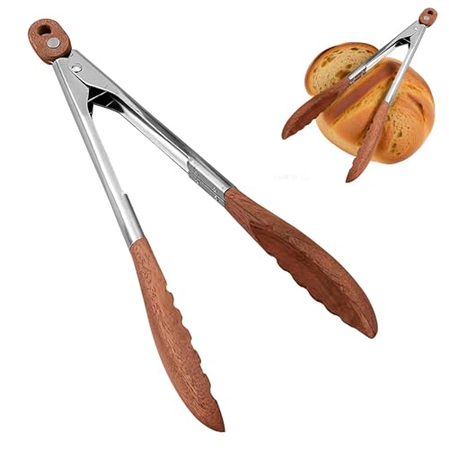 HAPPOW Pinzas de cocina sostenibles de madera y acero inoxidable (29 cm), resistentes al calor para cocinar, asar y servir, sin arañazos, con mango de madera de acacia y ojales para colgar