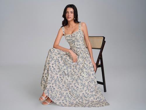 Image of KUTUMAI Women Summer Corset Midi Floral Wedding Guest Dresses with Pockets | Lace Neck, Smocked Back, Flowy A Line Sundress for 2026 Engagement Photoshoot Bridal Shower Garden Party