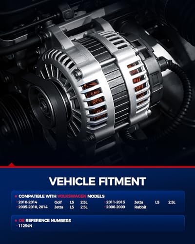 Image of KAX New Alternator Compatible With 2005-2014 Volkswagen Jetta 2.5L L 5, 2006-2009 Volkswagen Rabbit, 2010-2014 Volkswagen Golf 2.5L L 5 11254N 12V 140Amp CW 5-Groove Pulley