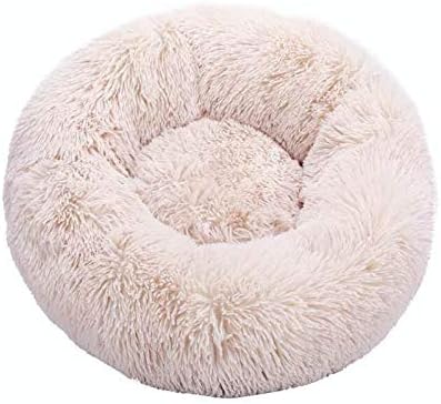 Donut Cat Dog Bed, Faux Fur Marshmellow Dog Cat Bed, Self Warming Cuddler Washable Round Pet Bed for Cats and Small Dogs (19.7inch, Beige)