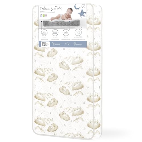 Dream On Me Sweet Dreams 88 Coil Spring Crib and Toddler Bed 6' Mattress in Blue, Green Guard Gold Certified, Beige Cloud Vinyl Cover with Baby, 17 lb