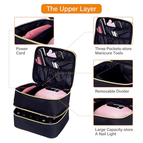 YAHOURWAT Nagellack Aufbewahrung Tasche Doppelschicht Nagellack Organizer Lagerung 30 Flaschen (15 ml / 0,5 FL.oz) mit verstellbarem Trenner für die Aufbewahrung von Nageltrockner und Nagel,Schwarz