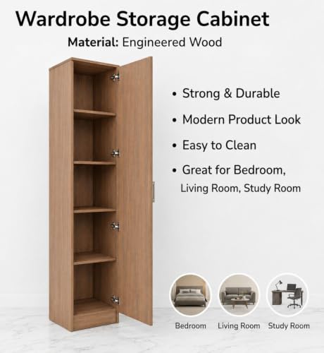Image of Spyder Craft Engineering Wood Wardrobe for Clothes, Single Door Stylish Cupboard for Bedroom, Multi-Utility Design with Multirack Storage, Engineered Wood-Noce Lyon