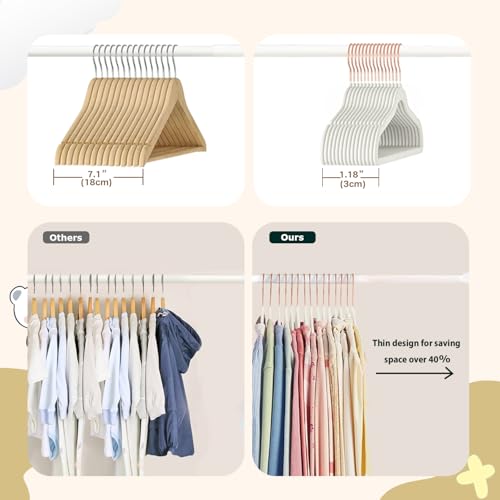 Wellong Baby Velvet Hangers, 52 Pack Kids Clothes Hangers with Non-Slip Shoulder Notches, Storage Organizer for Infant and Toddler Cream (Rose Gold Hook)