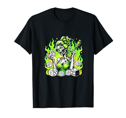 Image of Zombie Skeleton Pin-up Horror Art Psychobilly Dice Flames T-Shirt