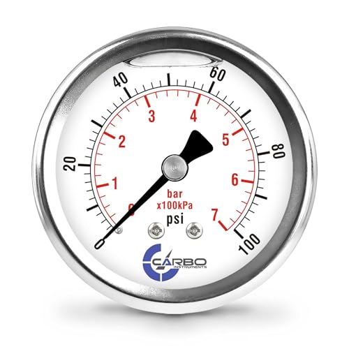 Image of 100 PSI Glycerin Liquid Filled Pressure Gauge, 2.5 inch Dial, 1 /4 NPT Back Mount, 304 Stainless Steel Case, Brass Wetted Parts, Dual Scale PSI /Bar - ASME B40.1 Grade A