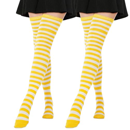 Image of AQOKKA Extra Long Thigh High Socks for Women Striped Over Knee Thigh Socks Long Boot Thigh High Stockings Leg Warmers
