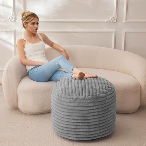 HIGOGOGO Round Stuffed Pouf Ottoman, Stripe Faux Fur Poufs with Foam Chunk Filling, Furry and Fluffy Pouf Foot Stool Storage Ottoman, 26 X 18 Floor Poufs Foot Rest for Living Room, Grey by HIGOGOGO - Image 6
