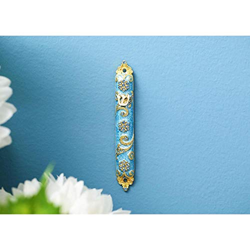 Matashi 4.5" Hand Painted Mezuzah Embellished With A Rich Blue Judaica Design 24K Gold Plated And Crystals, (Mtmz573) #TOP4