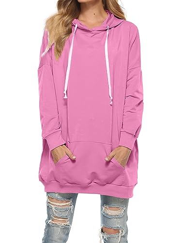 Famulily Damen Oversized Hoodie Kleid Baumwolle Lang Sweatshirt mit Kapuze Einfarbige Kapuzenpullover und Taschen und Kordelzug Hot Pink M