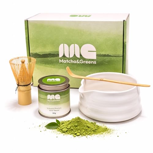 Matcha Greens Matcha Kit Premium Batidor De Bambú, Cuenco De Porcelana Y Té Matcha 100 Natural 30g, Grado Premium, Perfecto Para Ceremonias Tradicionales.
