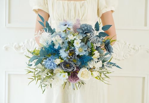 Ramo rústico boho blanco y azul para boda