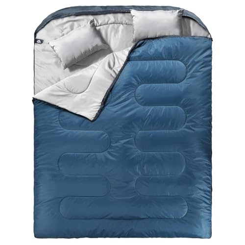 Image of MEREZA Double Sleeping Bag for Adults Mens with Pillow, XL Queen Size Two Person Sleeping Bag for All Season Camping Hiking Backpacking 2 Person Sleeping Bags for Cold Weather & Warm