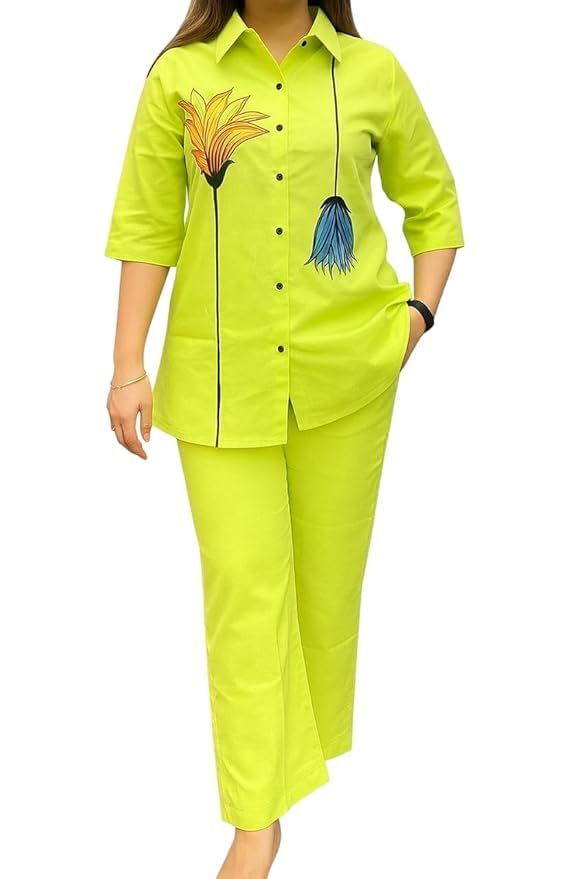 Women's Shirt and Pant Co-ords Set, Casual Wear (IN, Alpha, L, Yellow)