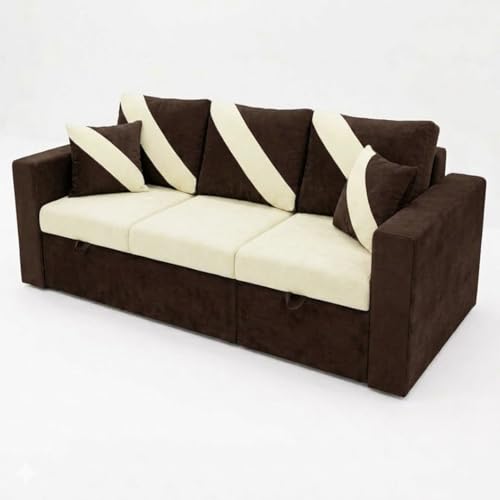 Image of FURNY Trivia 4 Seater RHS Lounger Sofa Cum Bed (Dark Brown - Cream) with Pull-Out Function | Luxury Velvet Suede Finish | Durable Comfort | Ideal for Living Room