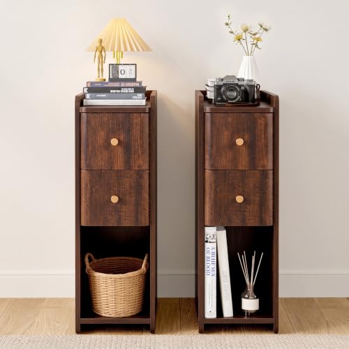 Image of Narrow Nightstand Set of 2, Wooden Small 2 Drawer Nightstand, Slim Side End Table, Skinny Bedside Table, Mid Century Modern Night Stand with Drawers for Bedroom (Cherry Walnut-2 pcs)