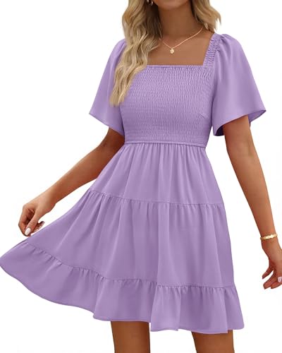 Image of BTFBM Womens Summer Smocked Mini Dress Spring Square Neck Flutter Sleeve Casual Ruffle Swing Boho Beach Dresses Pockets