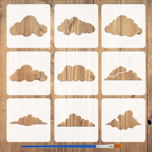 FINGERINSPIRE 9 plantillas de nubes con 1 pincel de plástico de 15 x 15 cm, 9 estilos de nubes, plantilla de dibujo con temática de naturaleza para pintar en pared, madera, lona, tela, muebles