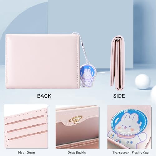 Girls Cute Astronaut Bear Bunny Print Tri-folded Wallet Small Wallet with Pendant Card Holder ID Window for Women (PINK)3