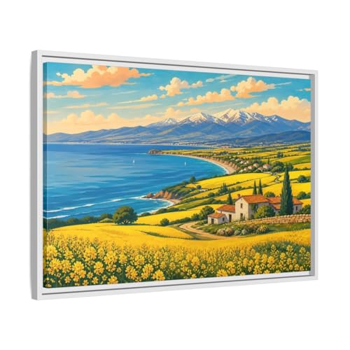Tableau sur toile village côtier haute définition avec cadre blanc de 3 cm