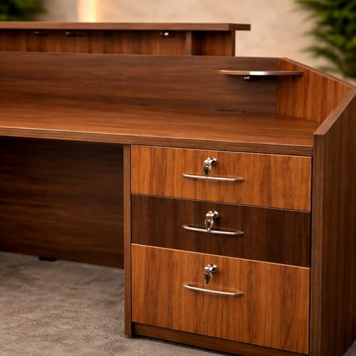 Image of Reception Desk for Office, Hotel, Clinic, Salon, Spa, Studio Commercial Lobby | Luxury Particle Board Reception Counter Table with Wooden Finish Front Design-(RCT-020 LPB L6W2)
