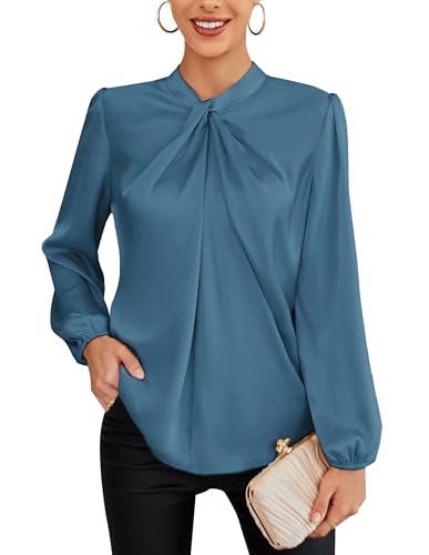 Women's Elegant Twist Front Mock Neck Satin Blouse Long Lantern