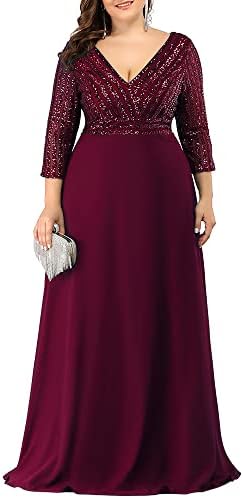 Ever-Pretty Women's Plus Size Long V-Neck Bridesmaid Dresses Chiffon Formal Evening Gowns Burgundy US26
