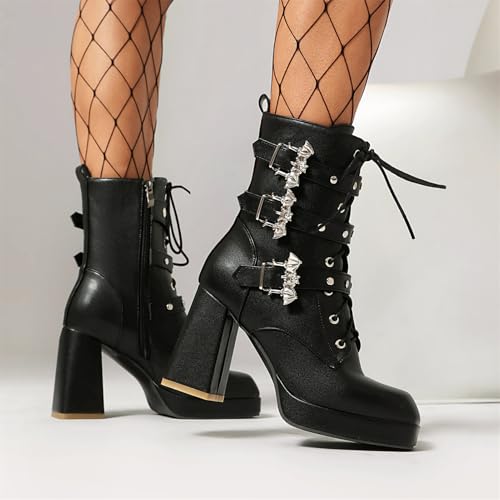 Image of FOREADA Goth Boots Chunky Heel Boot For Women Ankle Combat Booties Black Platform Bootie Buckle Rivets Punk Goth Shoes With Zipper