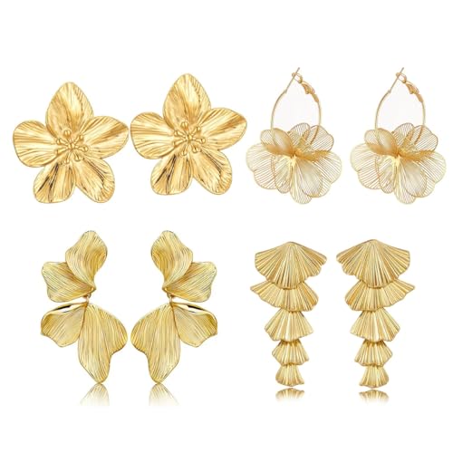 4 Pair Gold Statement Earrings for Women Chunky Gold Plated Flower Leaf Hoop Dangle Earring Trendy Jewelry Gift (gold 4pcs)