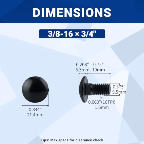 Image of 3 /8-16 x 3 /4 inch Black Carriage Bolts with Nuts and Washers Kits (10 Sets), 304 Stainless Steel 18 /8, Black Finish, Round Head, Square Neck, Heavy Duty Bolts, Indoor Outdoor Fastening Bolts, Fayeploo
