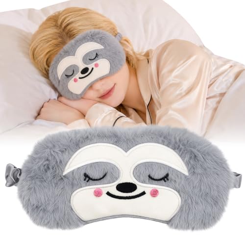 Blackout Sleep Masks Soft Plush Eye Mask Cute Sloth Animal Sleeping Mask for Girls Boys Women Men Kids Eye Mask for Sleeping Travel Nap Night Unisex (Grey)
