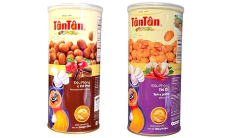 Image of Combo - Coffee Peanuts and Spicy Garlic Peanut - Dau Phong Ca Phe va Dau Phong Toi Ot - 200 g per Tin Can with 1 Can of Coffee and 1 Can of Spicy Garlic