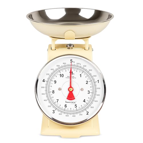 Innoteck Mechanical Kitchen Scale - Stainless Steel Kitchen Scales with Bowl & Large Dial, Analogue Food Scale with 5kg Capacity, Food Weigher with Non-Slip Feet for Baking and Cooking, Cream