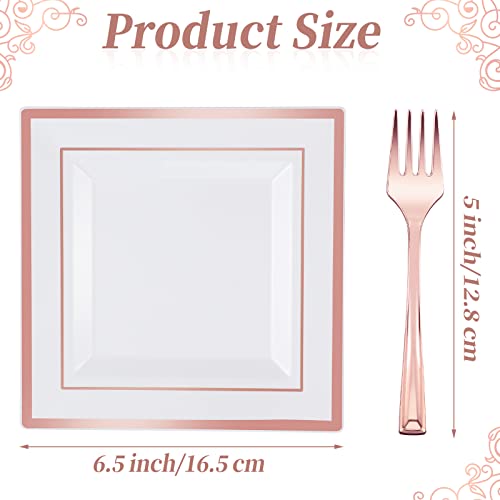 Gandeer 300 Pcs Square Plastic Plates With Forks, Including 150 Disposable Dessert 6.5 Inch & Appetizer Guest Dinner Set For Weddings Parties (Rose Gold) #TOP1