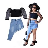 LXXIASHI Toddler Baby Girl Summer Outfits Puff Mesh Sleeves Crop Top + Irregular Skirt Outfits (Polk