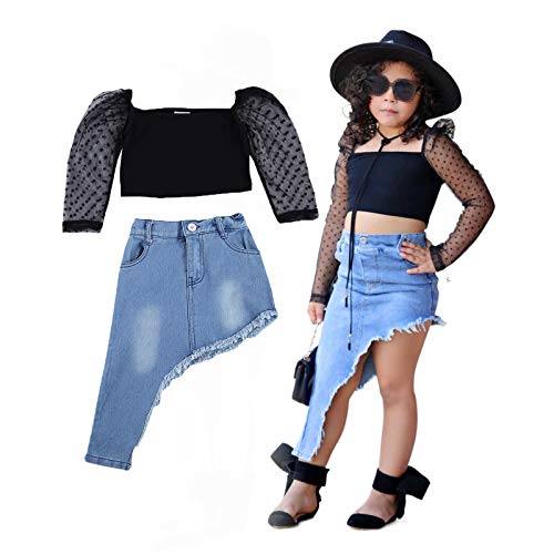 Lxxiashi Toddler Baby Girl Summer Outfits Puff Mesh Sleeves Crop Top + Irregular Skirt Outfits (Polka Dot - Blackl Blue, 5-6 Years) #TOP4
