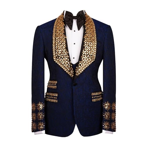 Men's Formal Jacquard Tuxedo with Luxury Handmade Rhinestone Slim Fit Dinner Blazer for Prom Party Wedding