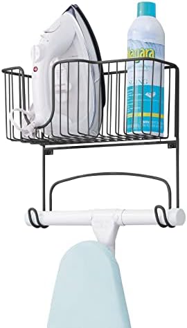 mDesign Wall Mounted Ironing Board Holder - Steel Ironing Board Rack for Easy Organisation - Includes Basket for Iron Storage - Matte Black