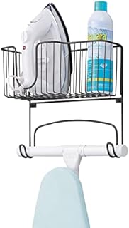 mDesign Wall Mounted Ironing Board Holder - Steel Ironing Board Rack for Easy Organisation - Includes Basket for Iron Storage - Matte Black