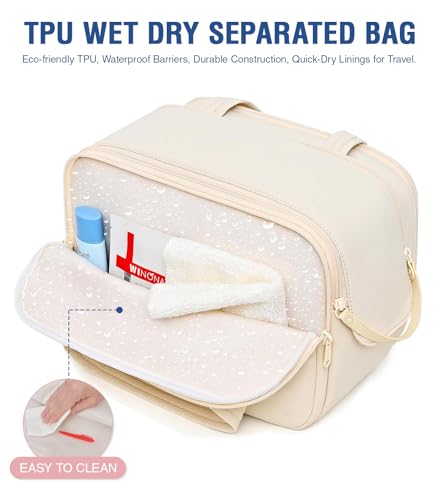 Travel Toiletry Bag, Lightweight Large Wide-open Toiletry Bag for Women, Puffy Makeup Bag with Handle, Carry-on Wet and Dry Travel Cosmetic Bag For Accessories, Essentials, Toiletries, Beige4
