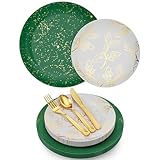 Trendables Christmas Plates Disposable 100 Pcs Christmas Dinnerware Set, Christmas Plastic Plates Set Includes: 20 10' Dinner Plates, 20 8' Dessert Plates & 20 Of Each Gold Forks, Knives & Spoons